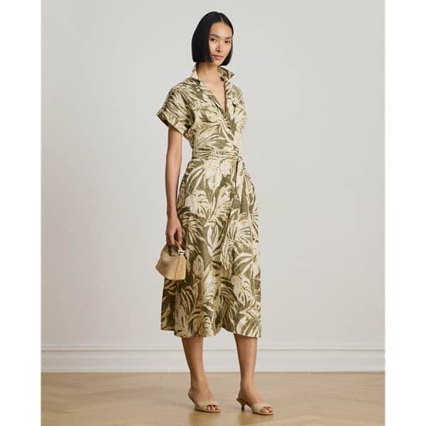 Ralph Lauren Palm-Frond-Print Linen Camp Shirtdress