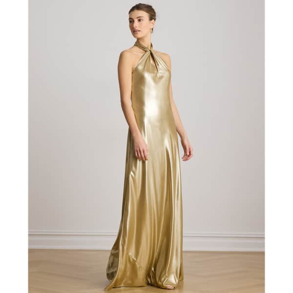 Ralph Lauren Metallic Chiffon Halter Gown