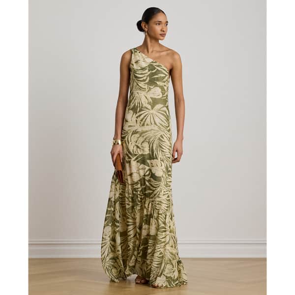 Ralph Lauren Print Georgette One-Shoulder Gown