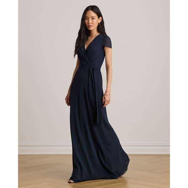 Ralph Lauren Belted Crinkle Georgette Gown