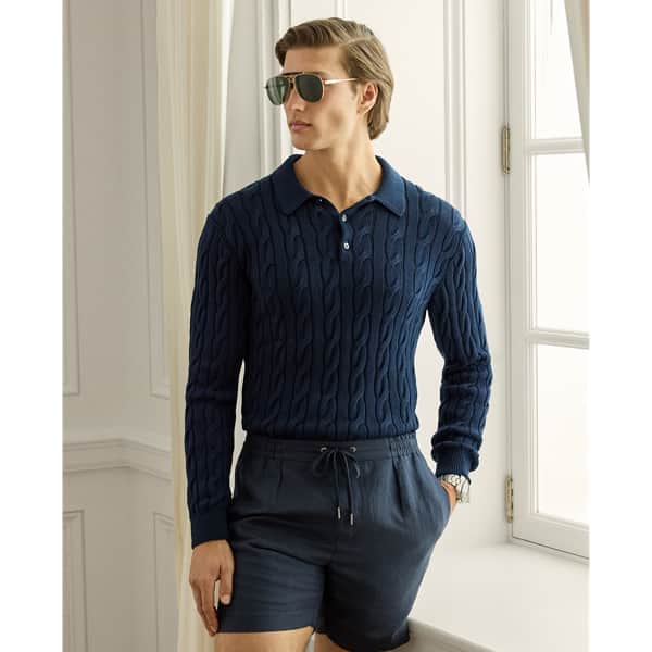 Ralph Lauren Cable-Knit Cotton-Silk Polo Sweater