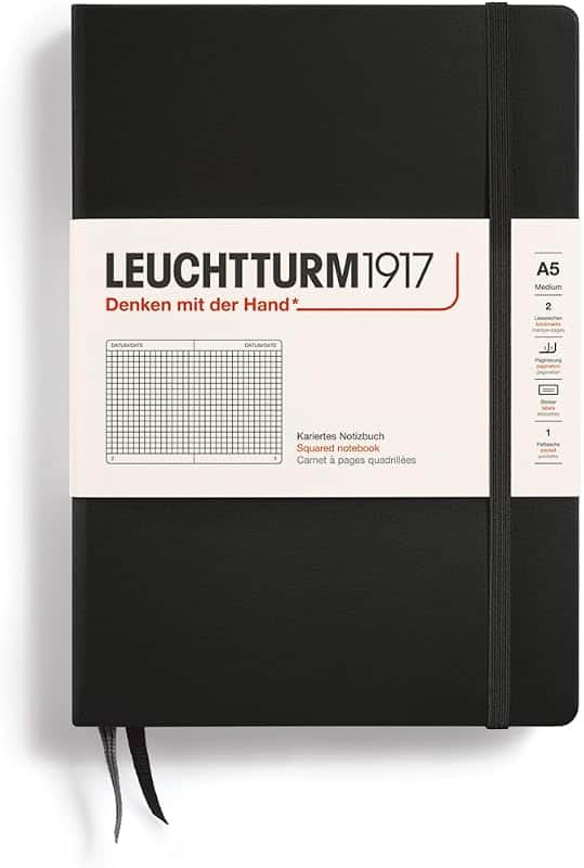 Notebook Hardcover Medium A5-251 Numbered Pages for Writing and Journaling (Black, Squared)