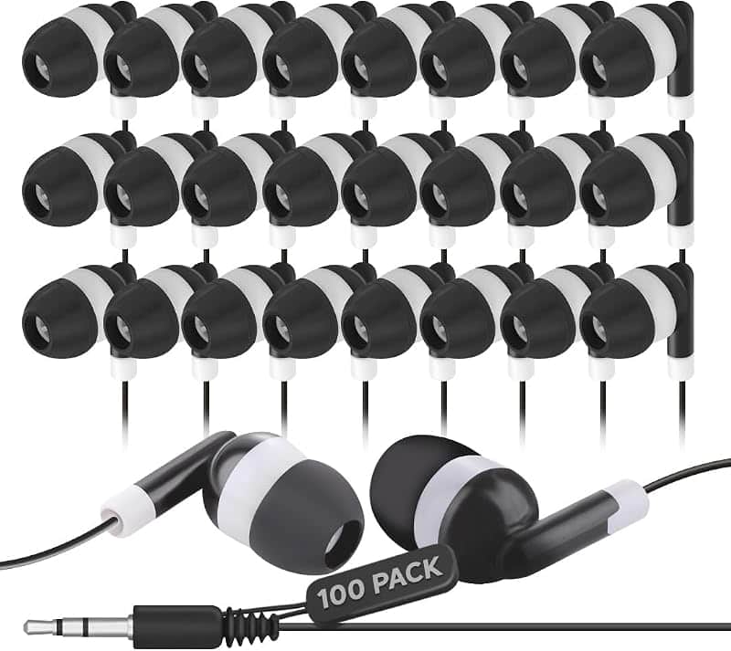 JustJamz Bulk Earbuds 100 Pack | Wired in-Ear Earphones for Classroom, Students, Kids, an…