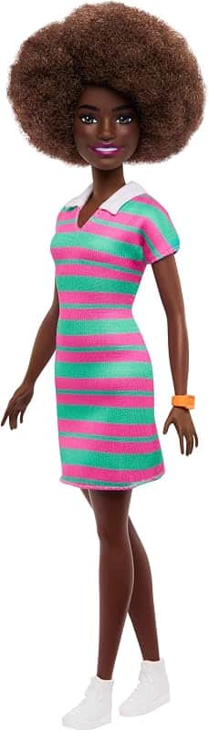 Fashionistas Doll #247 with Curly Black Hair | Wearing Pink and Green Striped Collared Dr…