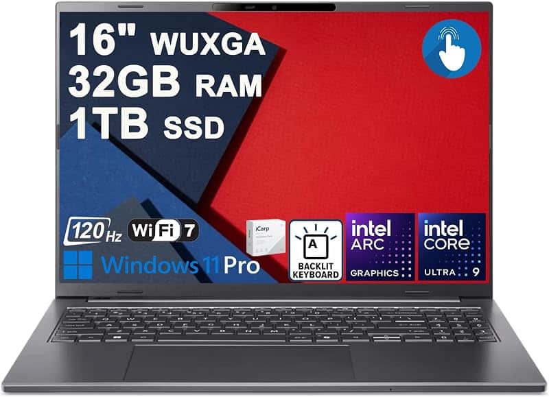 Aspire 16 AI Laptop 16" WUXGA IPS 120Hz Touchscreen 100% sRGB Intel 8-core Ultra 9 288V (…