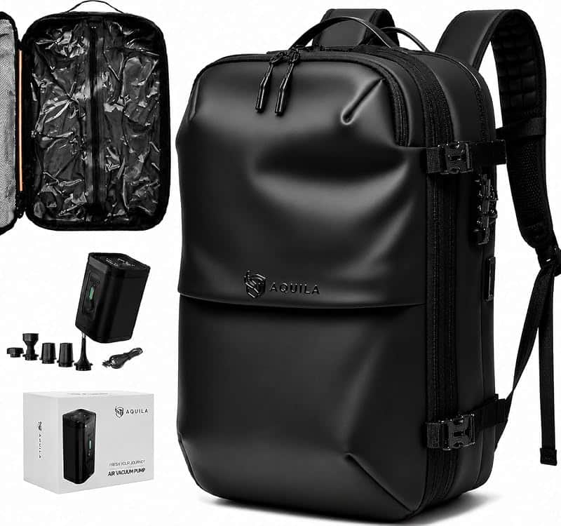 AQUILA 60L Vacuum Compression Travel Backpack with Electric Air Pump – Expandable Carry-O…