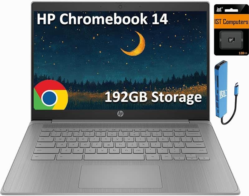 Chromebook 14 Laptop (14" HD, Intel 4-Core Celeron N4120, 4GB RAM, 64GB eMMC + 128GB SD C…