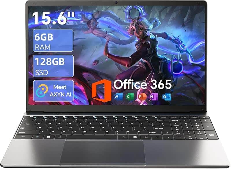 15.6" AI Laptop with Office 365, 6GB RAM 128GB SSD, Win 11 Laptops | 7000mAh Battery, IPS…