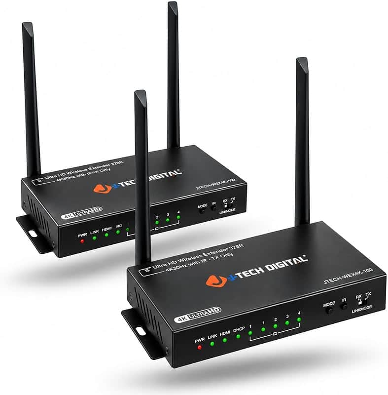 J-Tech Digital Wireless HDMI Extender Kit 4K 30Hz 328ft, Supports HDMI Loop Out IR Contro…