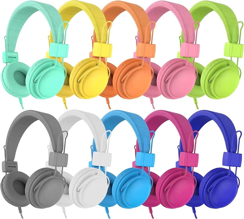 AILIHEN Classroom Headphones Kids 10-Pack, 85dB Volume with Mic & SharePort | Durable Sch…