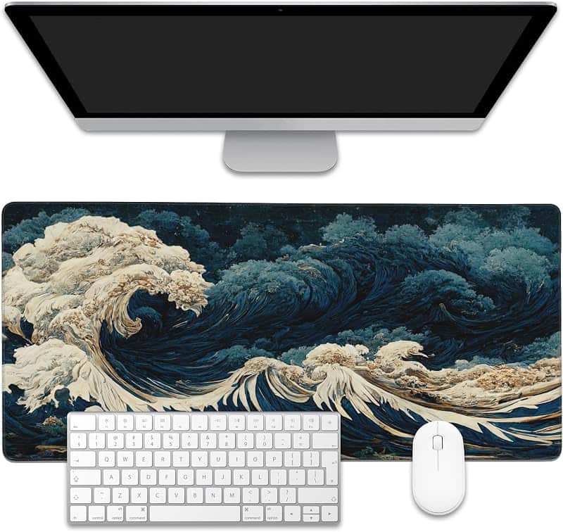 Japanese Ocean Waves Large Gaming Mouse Pad,Waterproof Desk Mat for Desktop,Non-Slip Rubb…