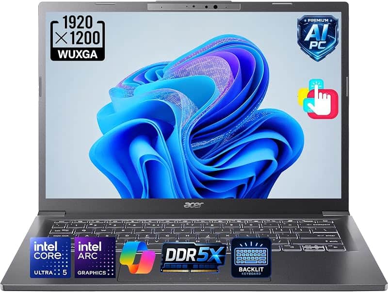 Aspire 14 AI Copilot+ PC Laptop, Intel 8 Cores Ultra 5 CPU, 14" WUXGA Touchscreen, AI Boo…