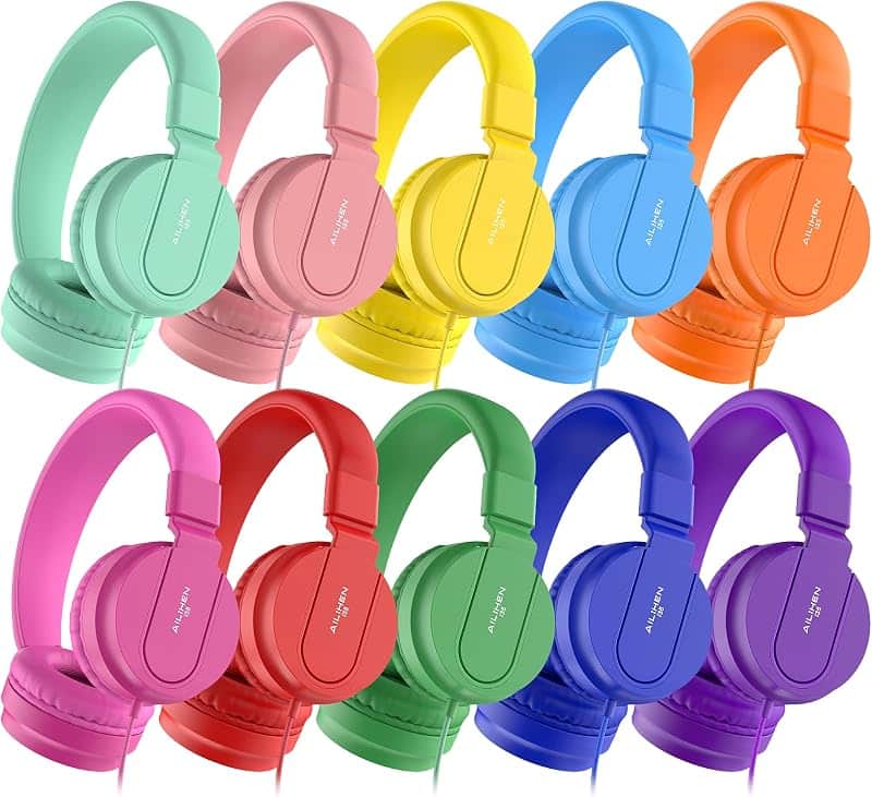 AILIHEN Classroom Headphones Kids Bulk 10-Pack with Mic, 93dB Safe Volume | On-Ear Wired…