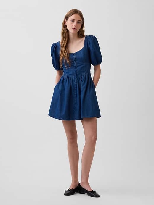 GAP Denim Puff-Sleeve Sweetheart Mini Dress