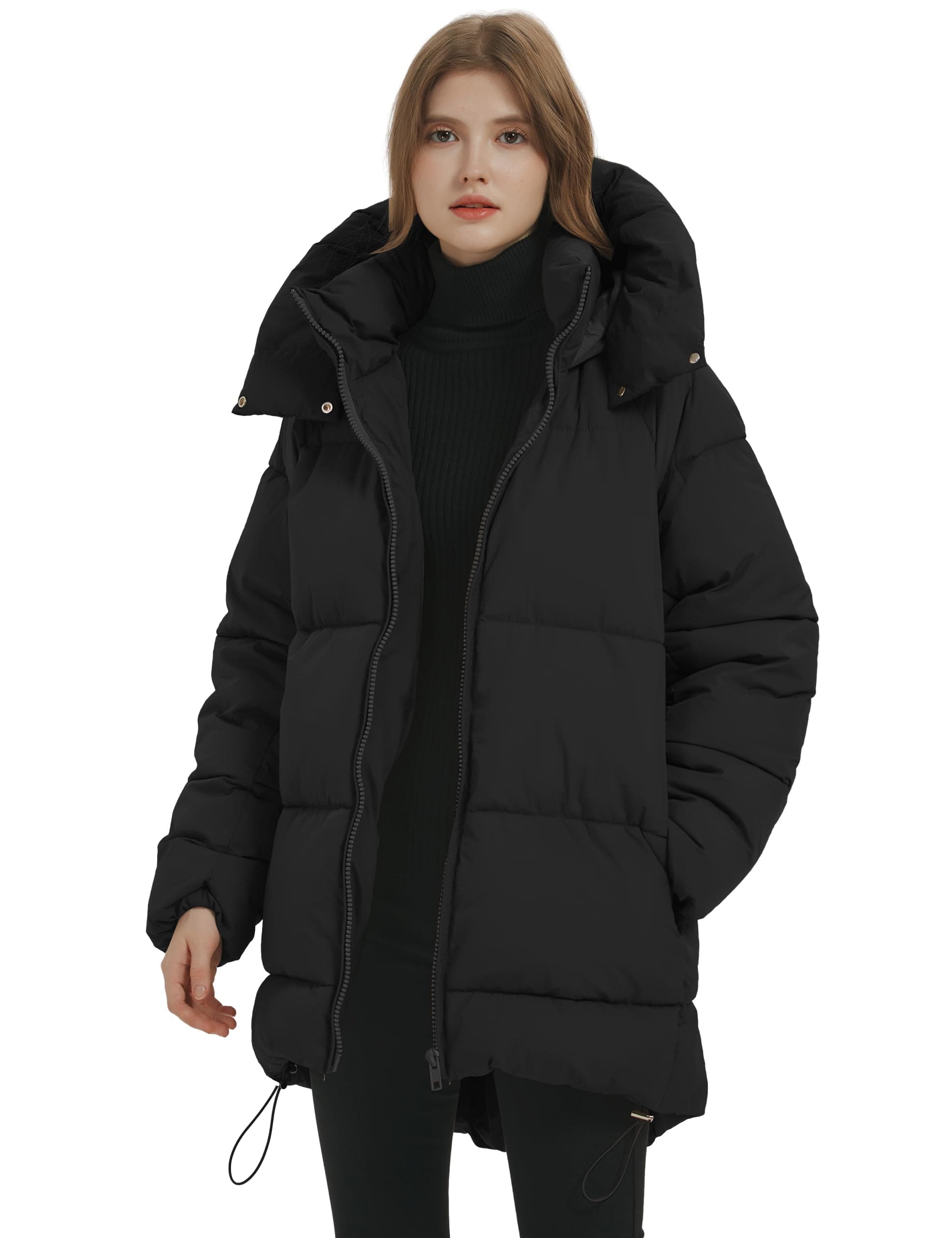 Women Mid-Length Puffer Hooded Jacket Winter Padded Warm Coat