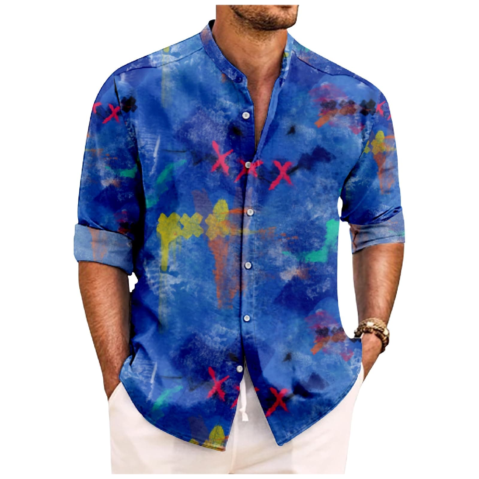Men's Graffiti Shirt Long Sleeve Loose Button Down Shirts Casual Band Collar Tee 2026 Sum…