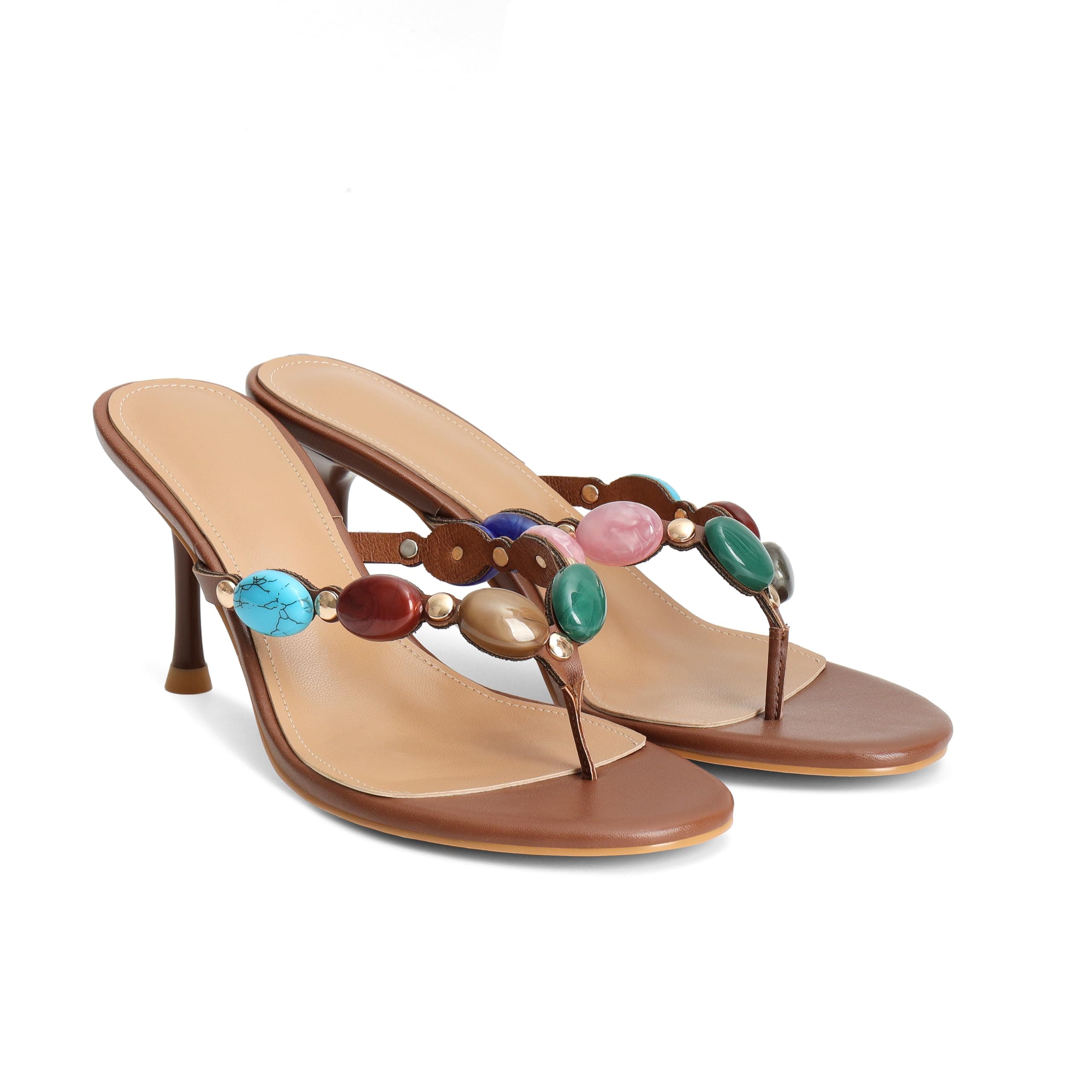 Jeweled Flip Flop Kitten Heels for Women Open Toe Beaded Strappy High Heels Sandals Slip…