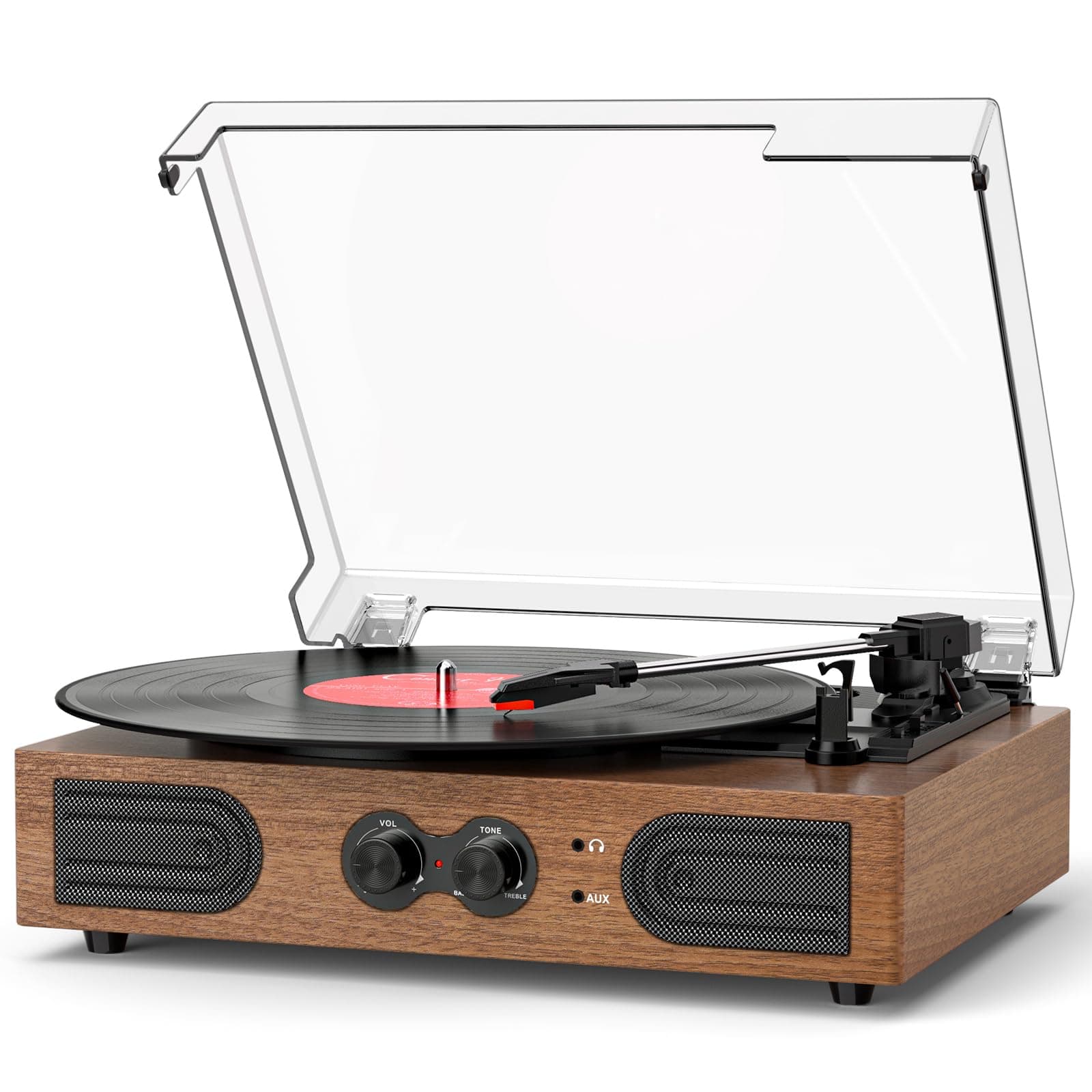 Vinyl Record Player 3 Speeds Turntable with Speakers, Bass Control, Walnut