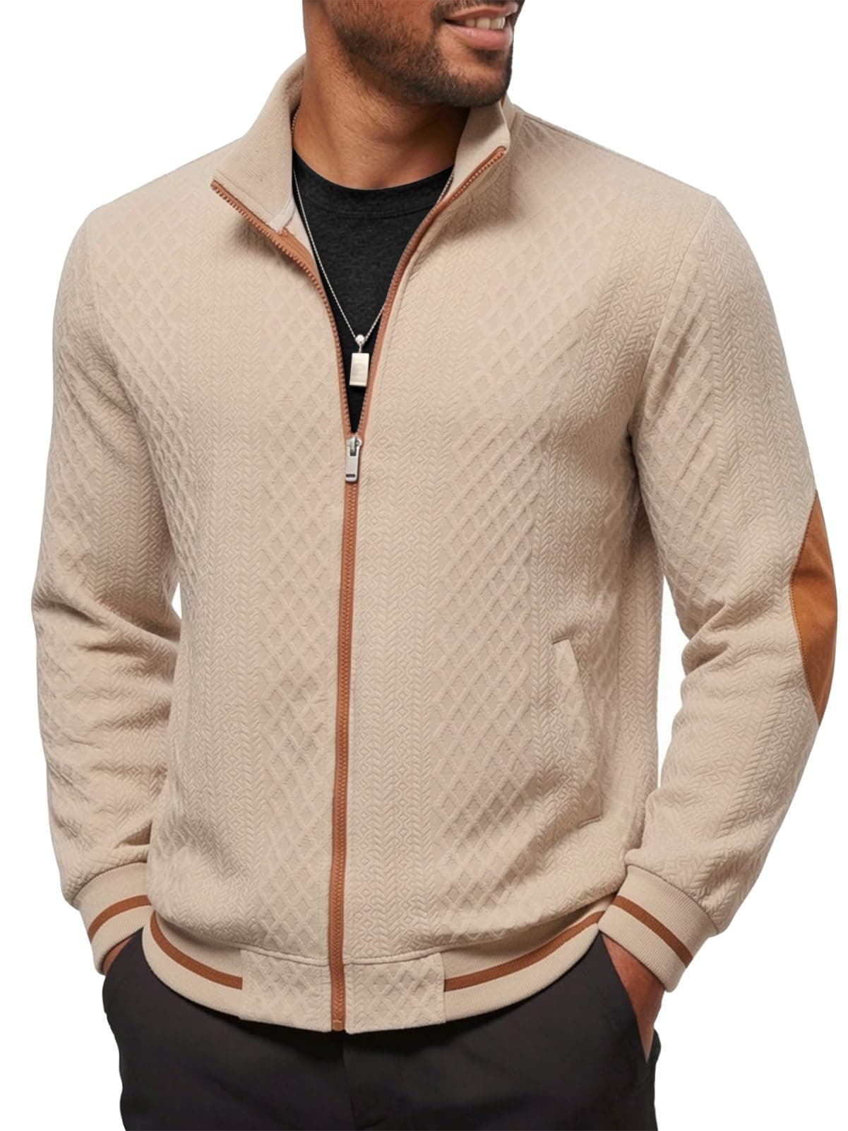 Men's Lightweight Jacket jacquard Full Zip Stand Collar Casual Stylish Bomber Jacket Vars…