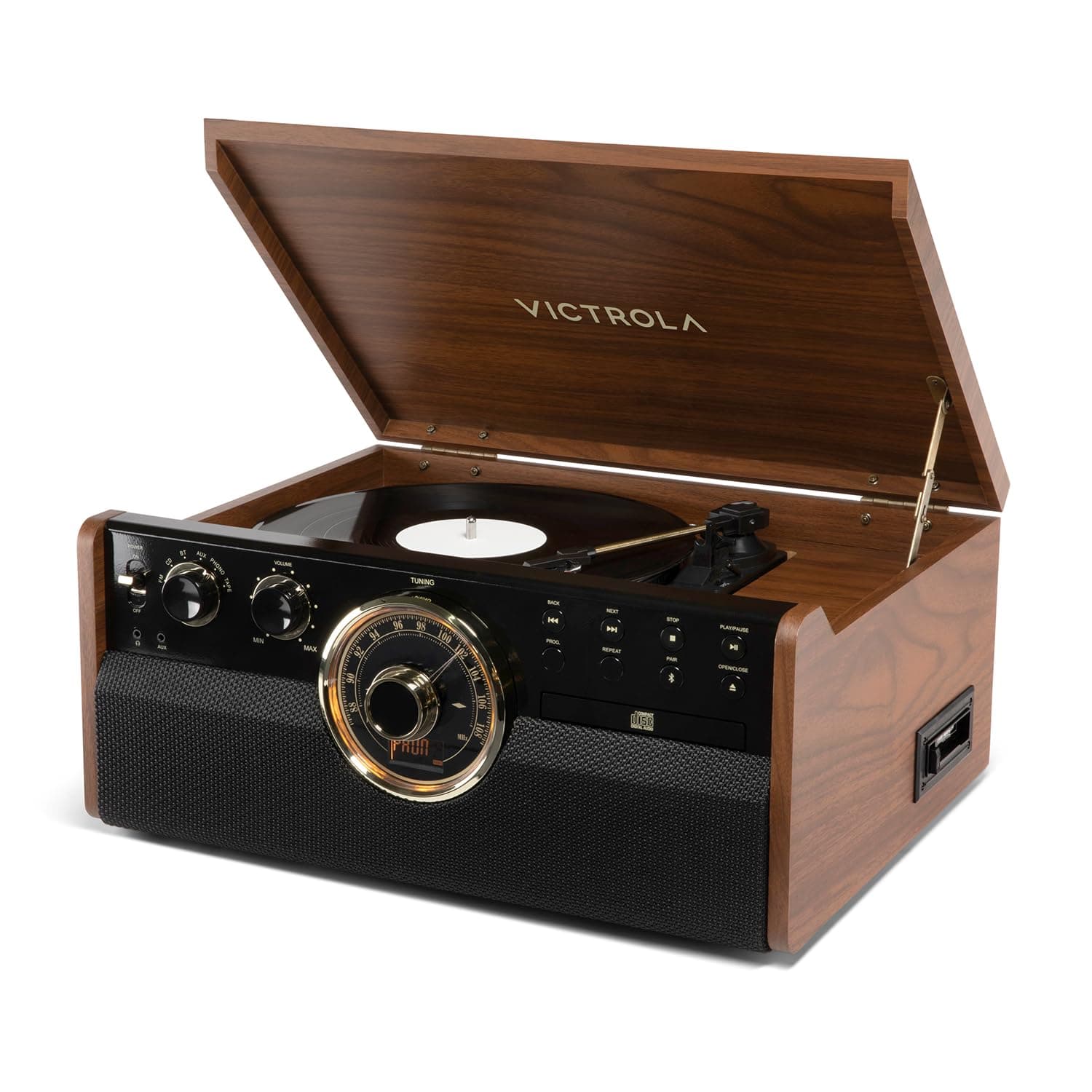 Victrola Empire - Wood 6-in-1 Bluetooth Record Player - Walnut | Mid-century wood music c…
