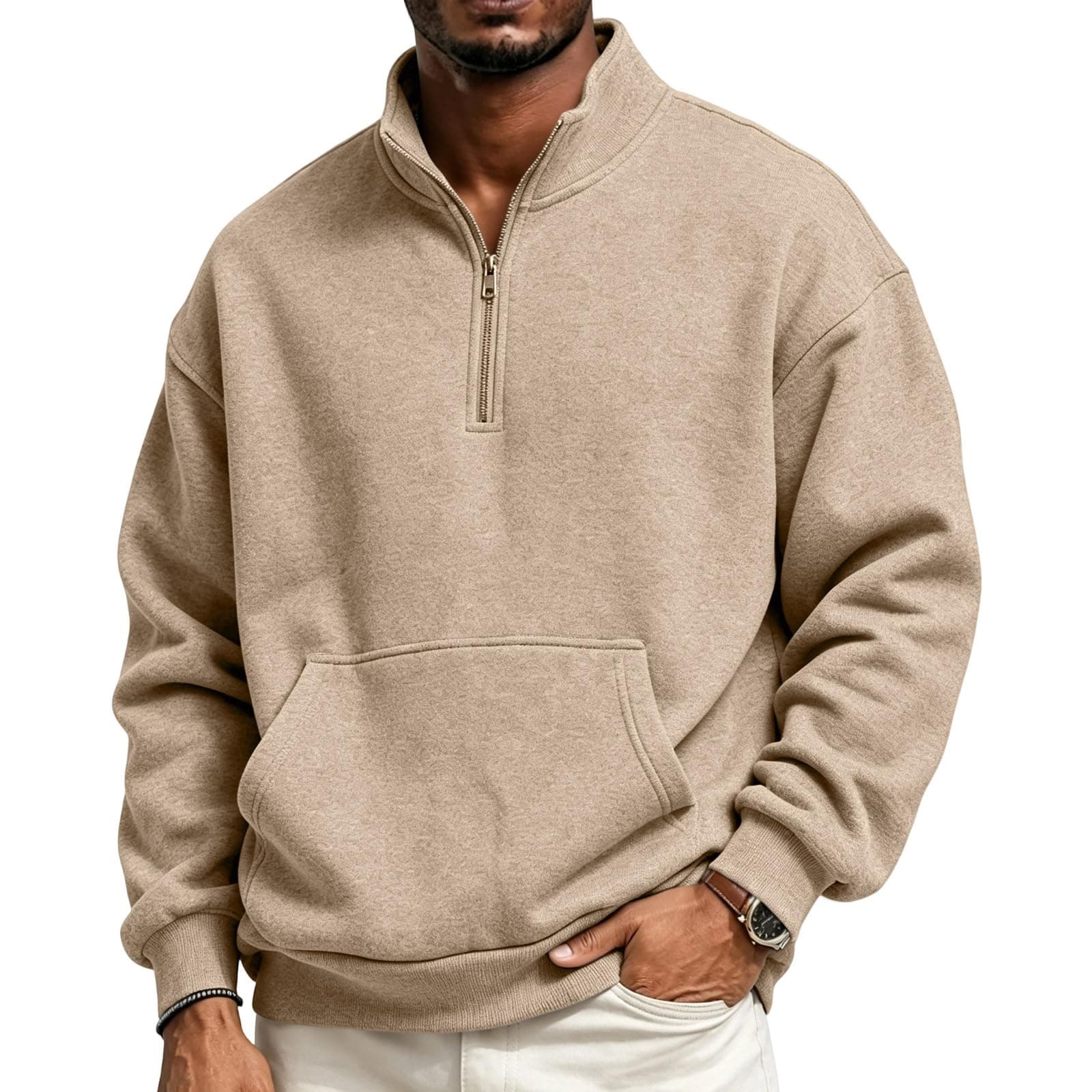 Quarter Zip Men Mock Neck Sweatshirt Drop Shoulder Fleece V Neck Sweater