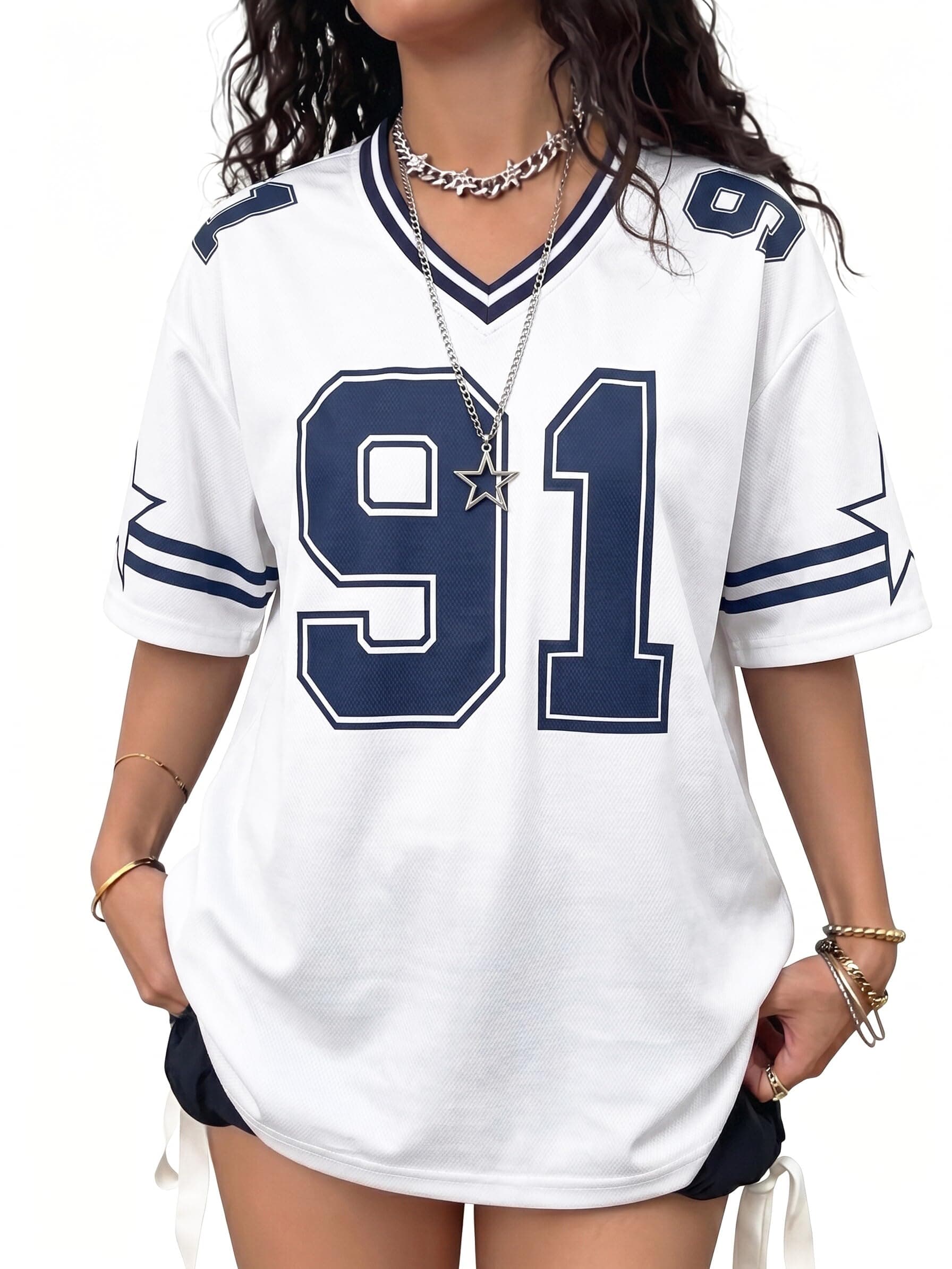 Jersey Shirts for Women Y2k Graphic Tees V Neck Baggy Streetwear Number Oversized T Shirt…
