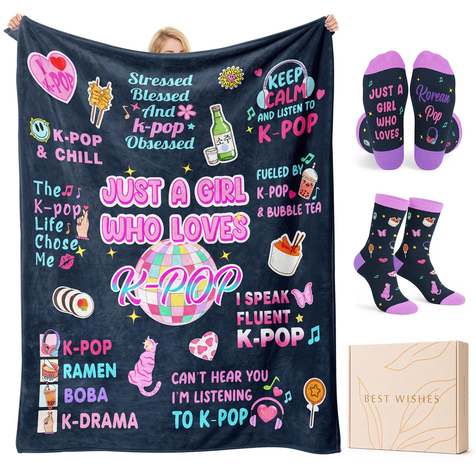 Gifttweave Kpop Merch, Kpop Blanket 60"x50" & Socks for Girls/Women | KPop Birthday Decor…