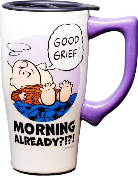Spoontiques Peanuts Good Grief Ceramic Travel Coffee Mug with Lid and Handle - Spill Proo…