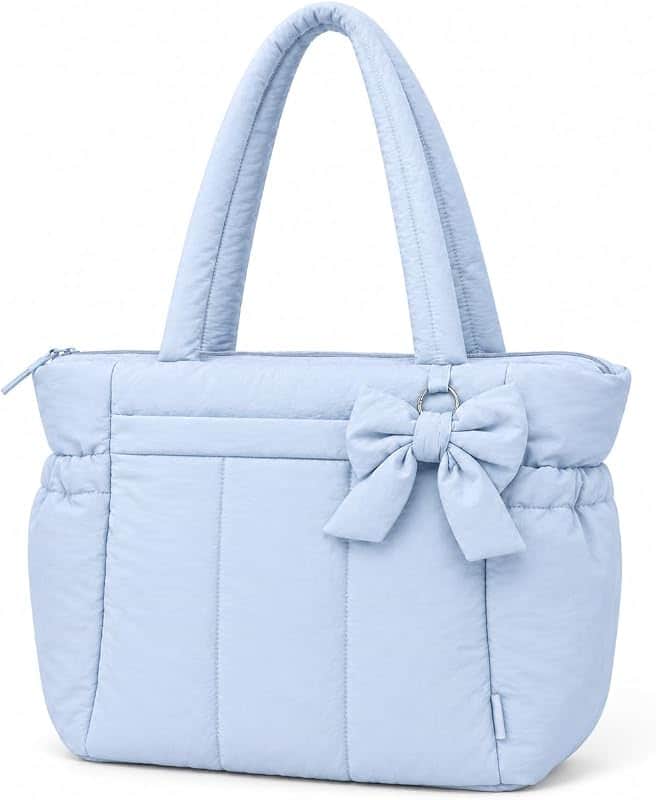 Puffer Tote Bag for Women, Quilted Laptop Work Tote with Removable Bow