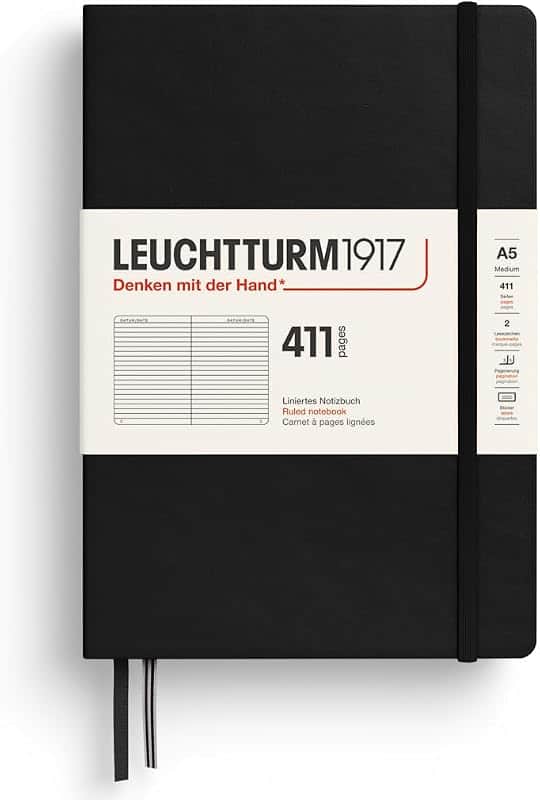 372932 Notebook 411 Medium (A5), Hardcover, 411 Numbered Pages, Black, Lined, More Though…