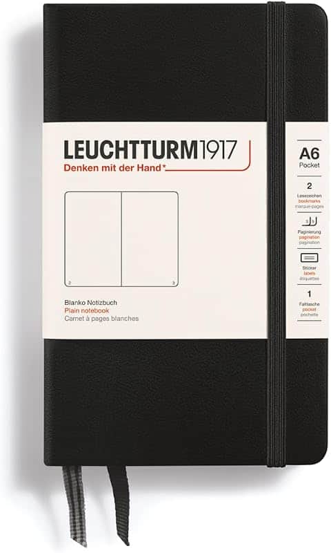 Notebook Hardcover Pocket A6-187 Numbered Pages for Writing and Journaling (Black, Plain)