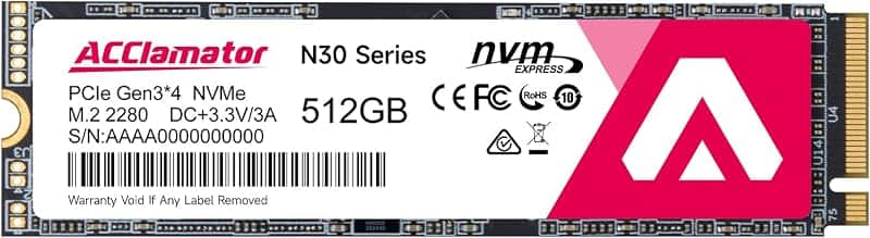 Acclamator 512GB SSD NVMe M.2 2280 PCIe Gen3x4 Internal Solid State Drive, with 3D NAND T…