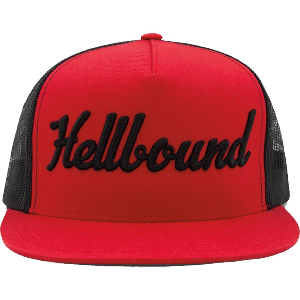 Hellbound Trucker Cap for Men – Flat Bill Mesh Snapback Hat – 5-Panel Red Cap with Bold B…