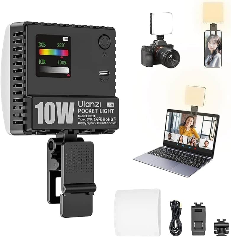 C10 RGB Phone Clip on Video Light,10W CRI≥93 1800K-9000K 3300mAh | Portable Selfie LED Li…