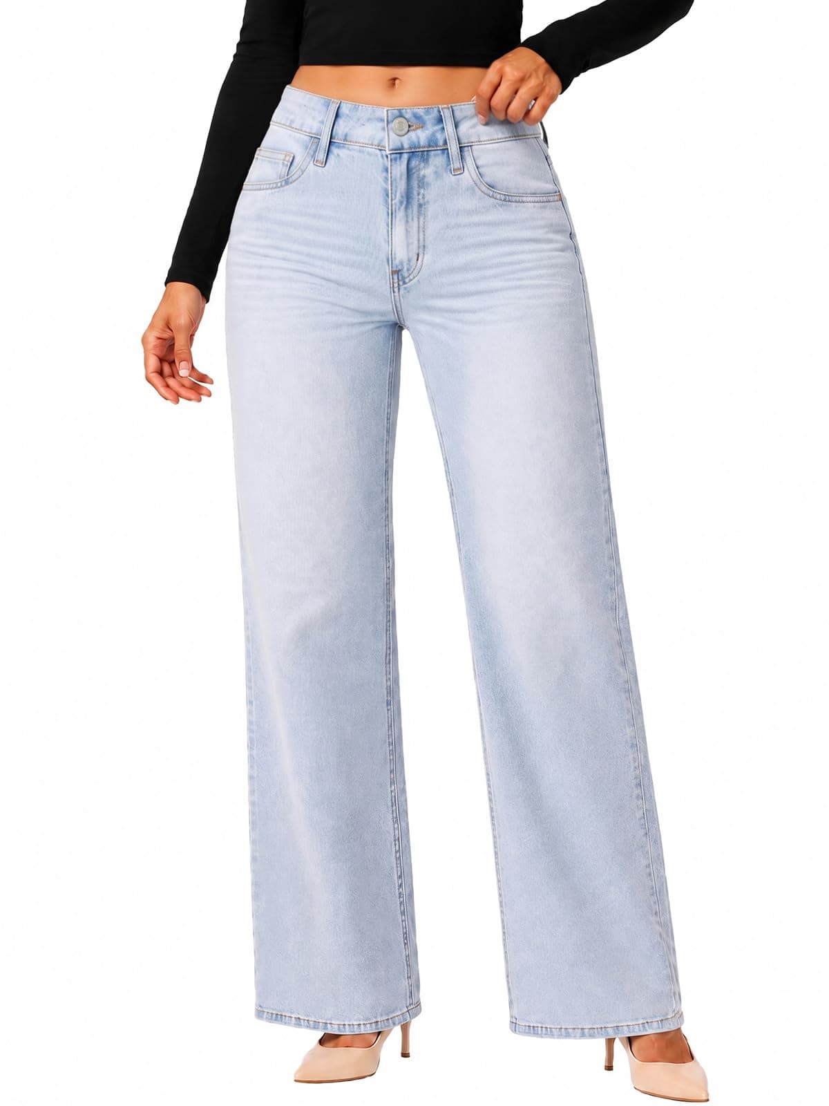 Wide Leg Jeans for Women Mid Low Rise BBL Stretch Denim Pants
