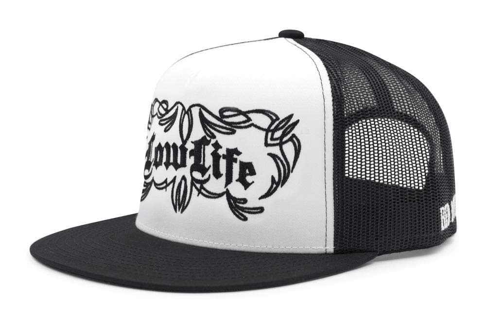 Low Life Pinstriped Trucker Cap for Men – Flat Bill 5-Panel Mesh Hat – Low Life Front Des…