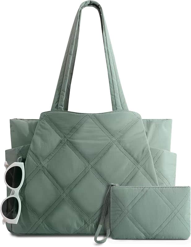 Puffer Tote Bag for Women, Quilted Nylon Work Bag, 15.6" Laptop