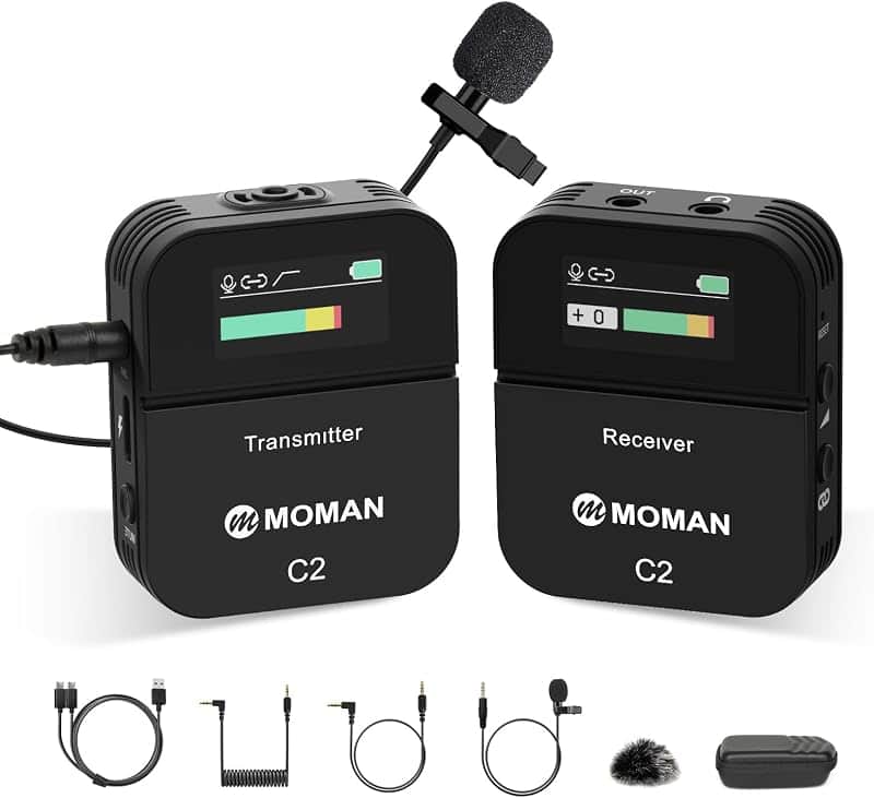 Moman C2 Wireless Lavalier Microphone, 2.4GHz Wireless Lapel Microphone System with Trans…