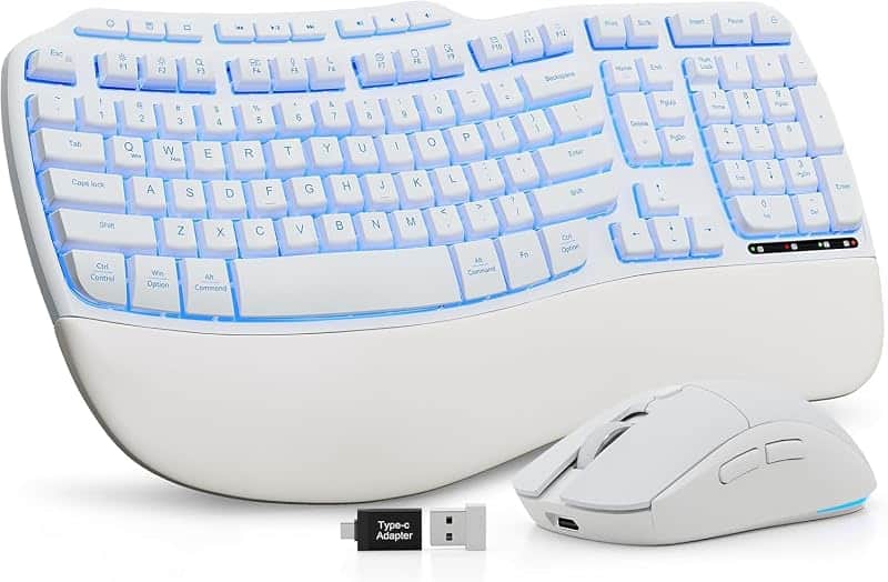 SABLUTE White Wireless Keyboard and Mouse Combo, Light up Ergonomic Keyboard Set, 2.4G Fu…