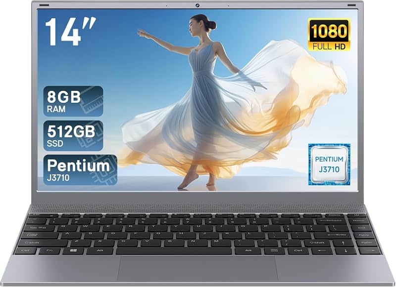 EVOBUC Laptop Computer, J3710 Processor,Up to 2.64GHz, 8GB RAM 512GB SSD, 14 Inch FHD IPS…