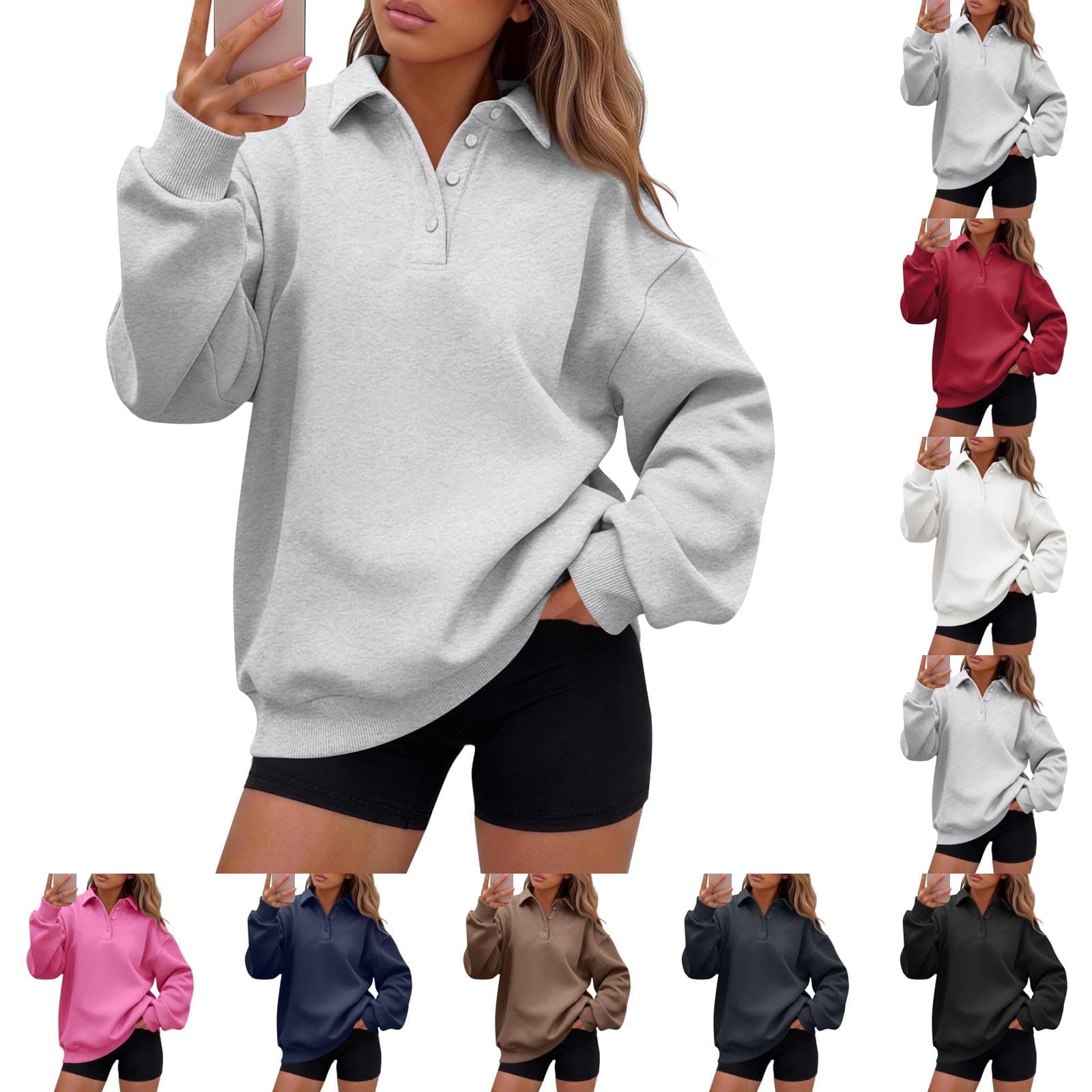 Oversized Sweatshirt for Women Lightweight Collared Button Polo Shirt