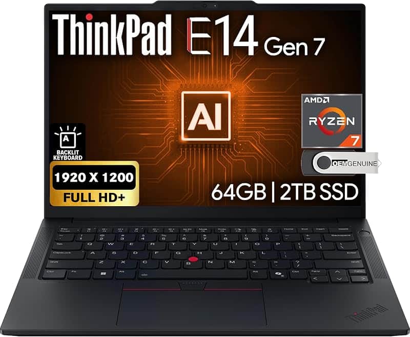 ThinkPad E14 Gen 7 14" FHD+ Display, AMD Ryzen 7 250, 64GB DDR5 RAM, 2TB SSD, Fingerprint…