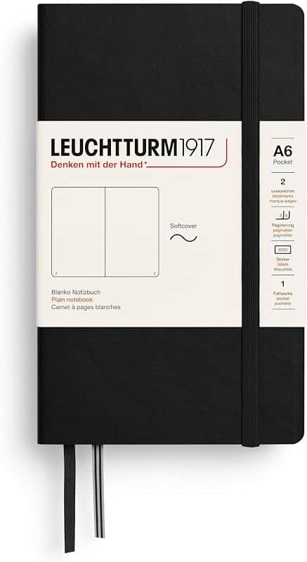 Notebook Softcover Pocket A6-123 Numbered Pages for Writing and Journaling (Plain, Black)