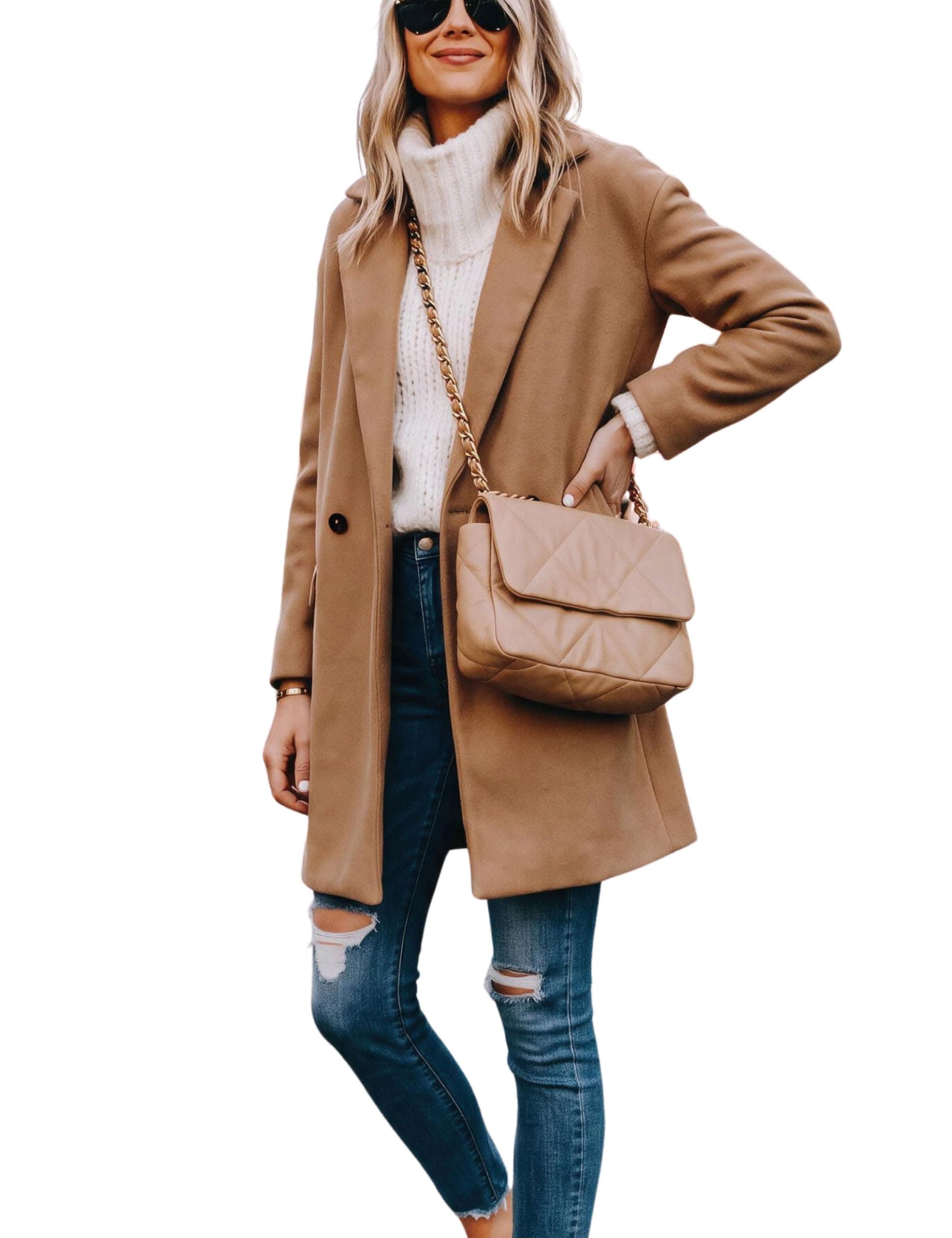 Women's Notched Lapel Wool Coat Single Breasted Pea Coats Winter Wool Blend Blazer Jacket