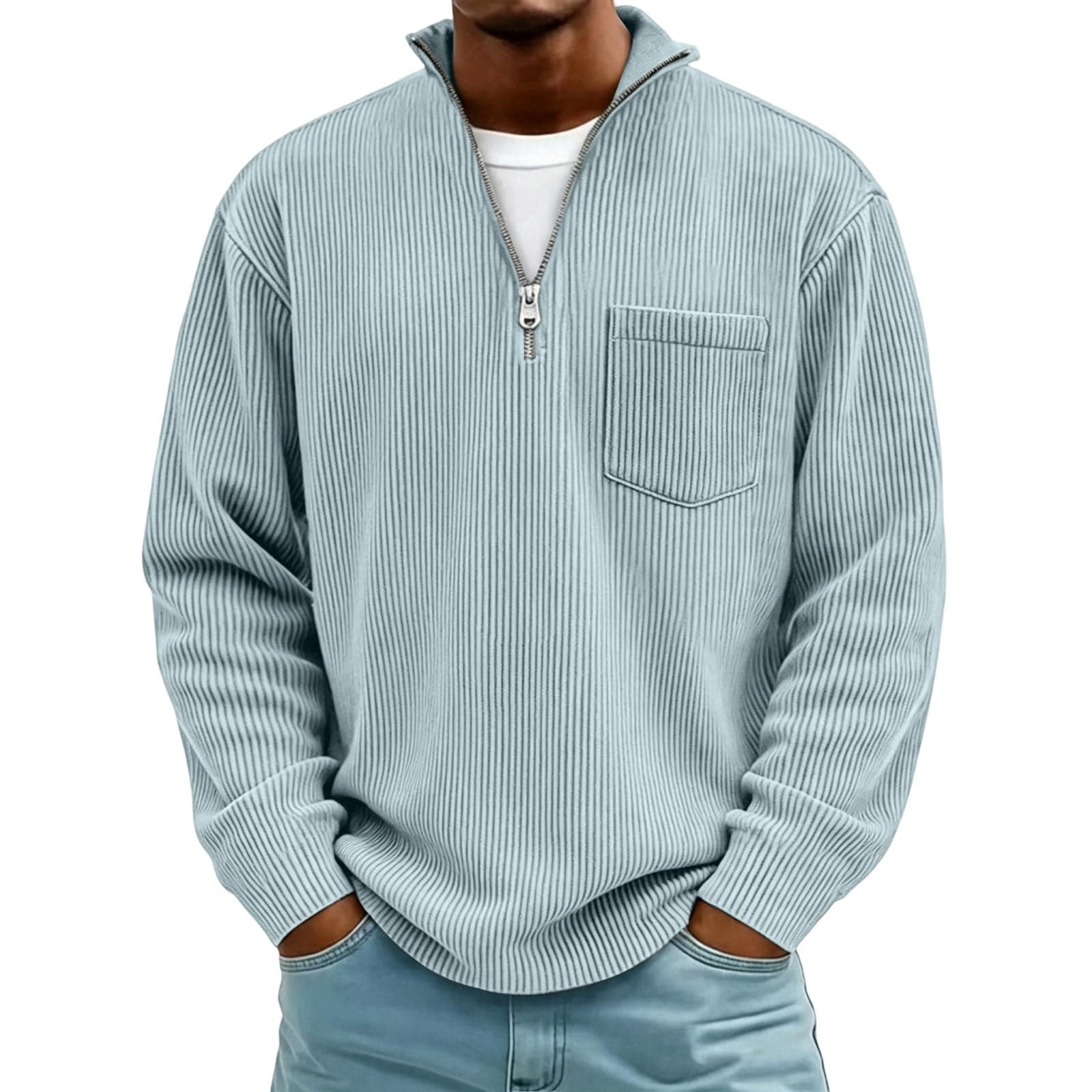 Mens Quarter Zip Pullover Corduroy Sweatshirt Casual Half Zip Sweater Tops Lightweight St…