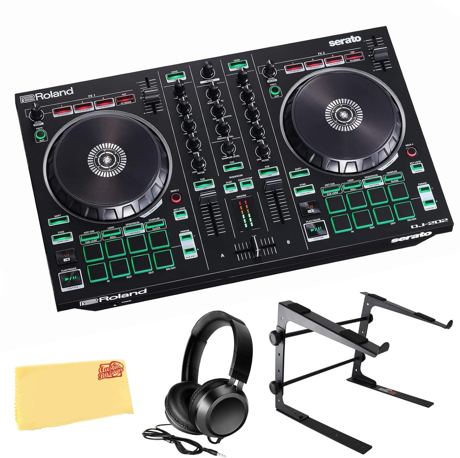 Roland DJ-202 DJ Controller Bundle with Stand, Headphones, and Austin Bazaar Polishing Cloth
