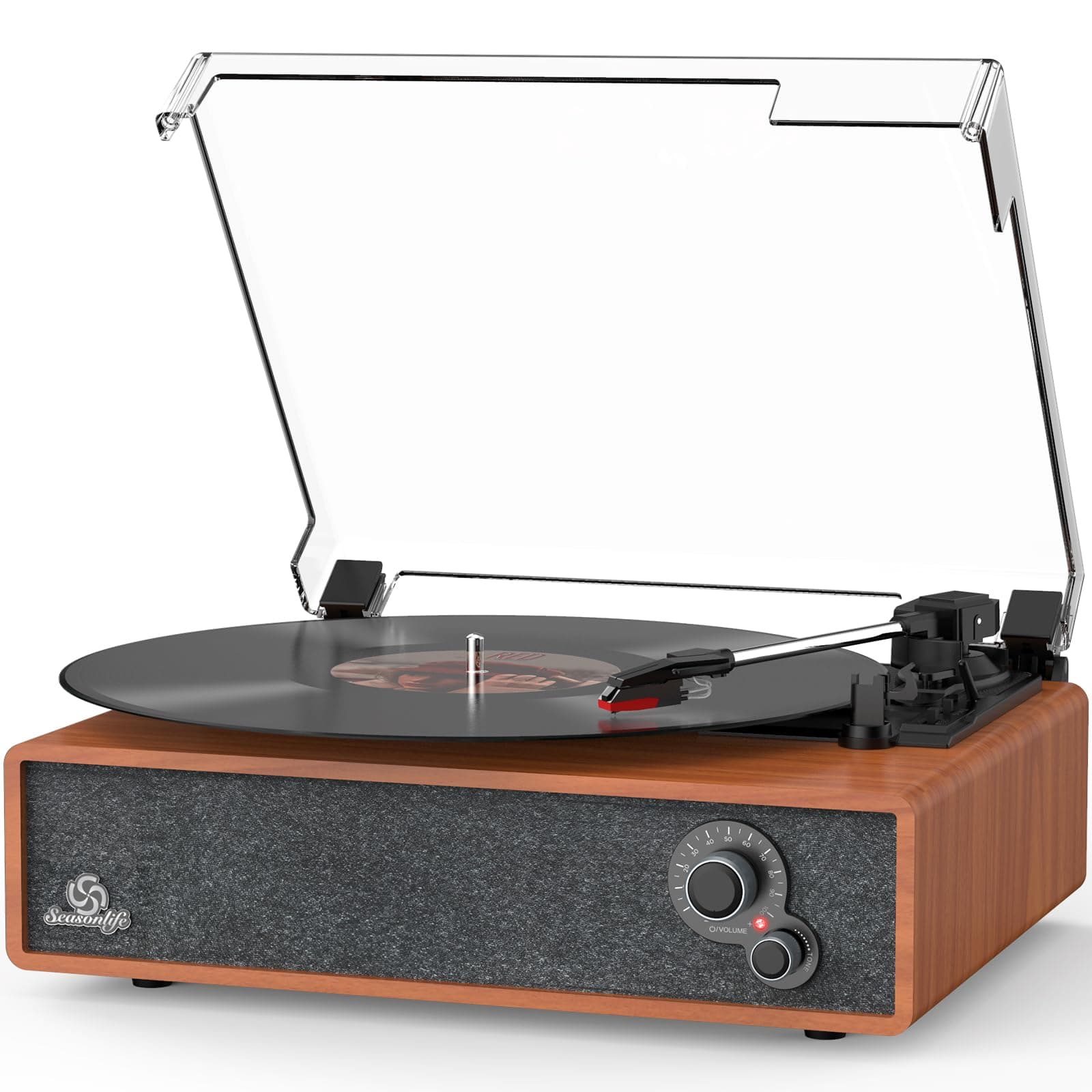Seasonlife® Retro Vinyl Record Player with Stereo Speakers,Walnut Red | Patented Design,W…