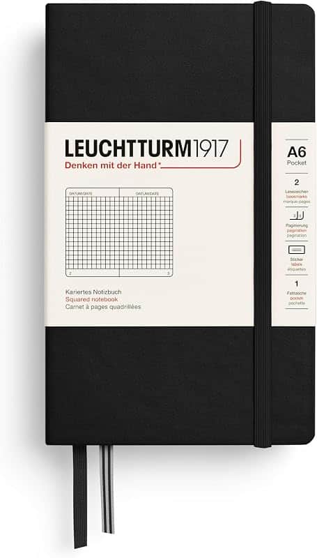 Notebook Hardcover Pocket A6-187 Numbered Pages for Writing and Journaling (Black, Squared)