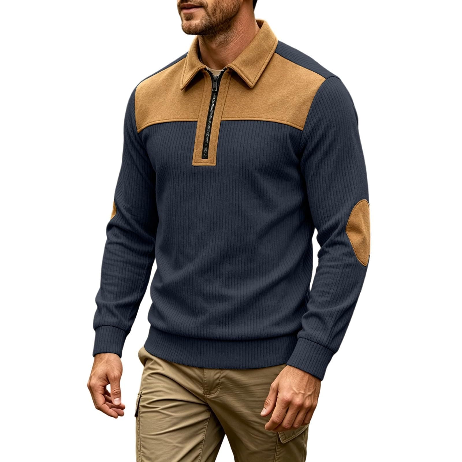 Mens Ribbed Quarter Zip Polo Sweatshirt Color Block Pullover Fall Winter