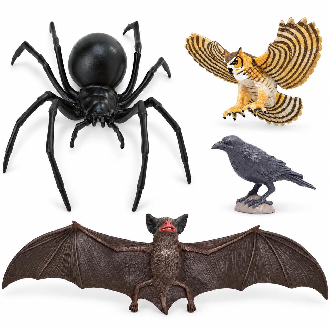 Safari Ltd. Halloween Night Creatures Toy Set - Bat, Spider, Owl & Raven | 4-Piece Hallow…